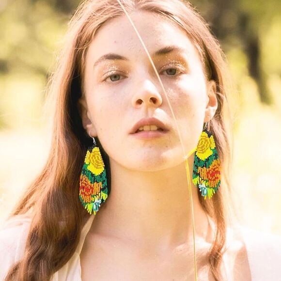 Flower Bohemian Seed Bead Tassel Dangling Statement French Wire Hook Earrings - Picture 4 of 6